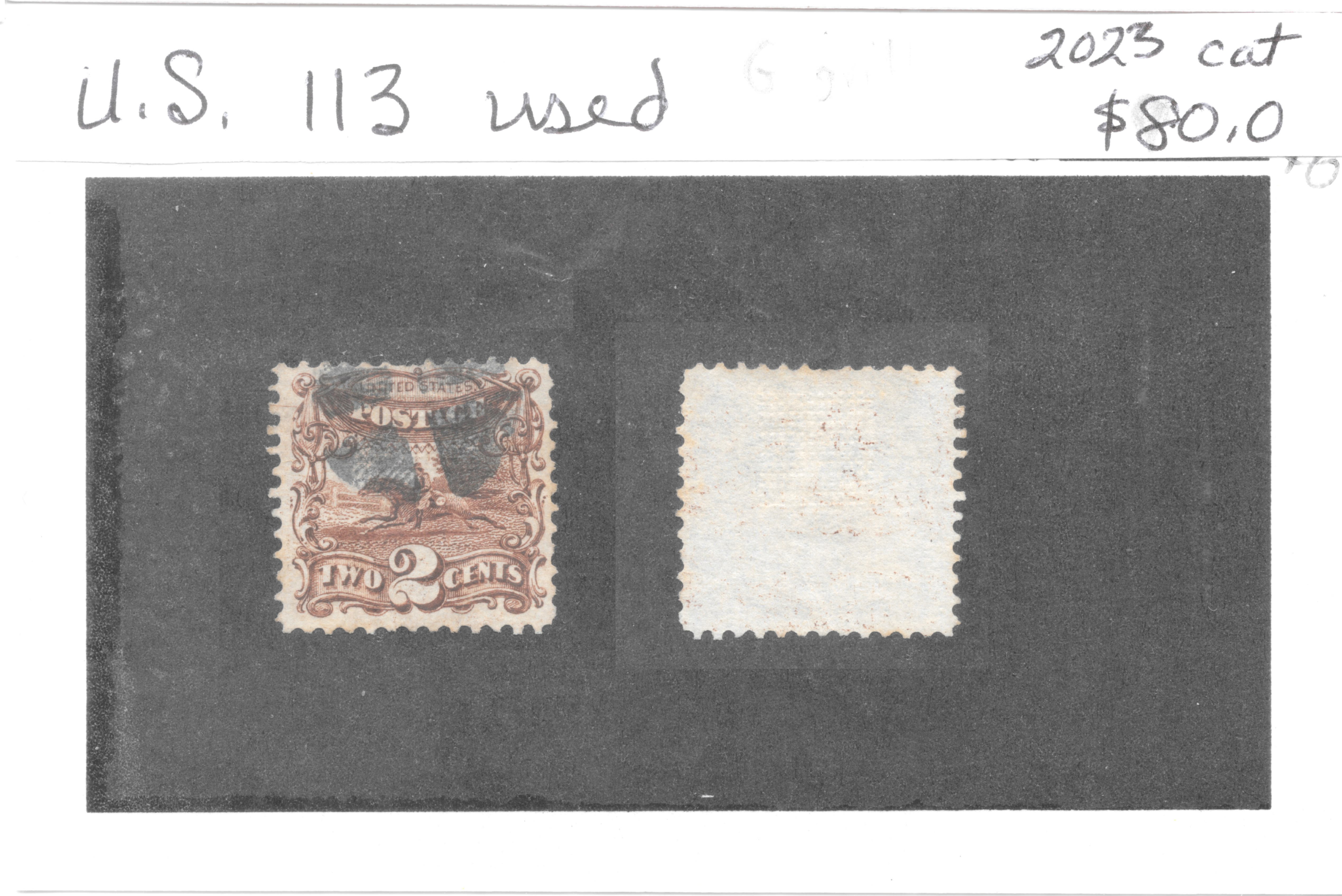 United States Scott 113, 1869 two-cent brown Post Horse and Rider with G grill — auction card with face and reverse