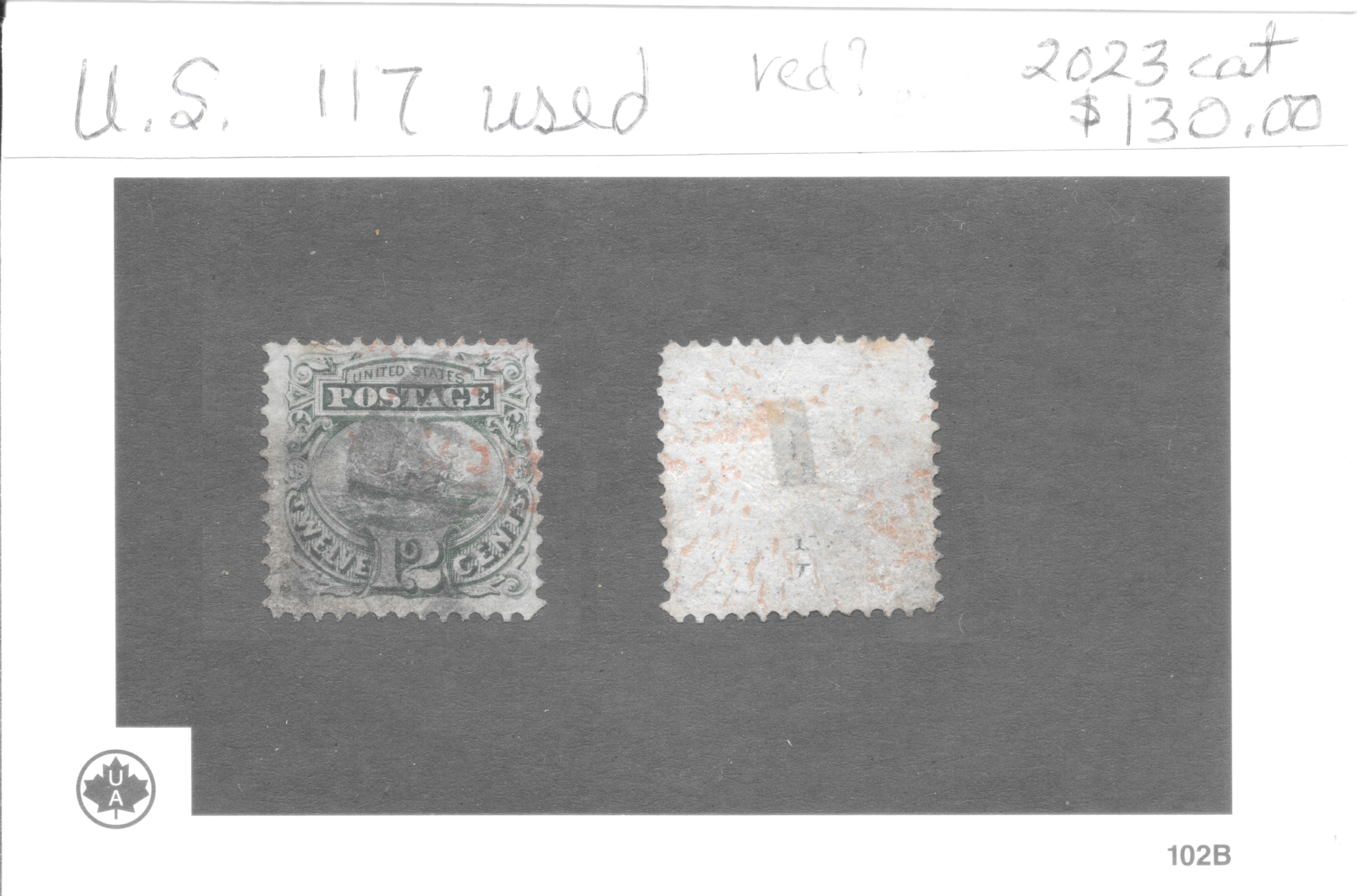 United States Scott 117, 1869 twelve-cent green S.S. Adriatic with G grill and red Paid cancel — auction card with face and reverse