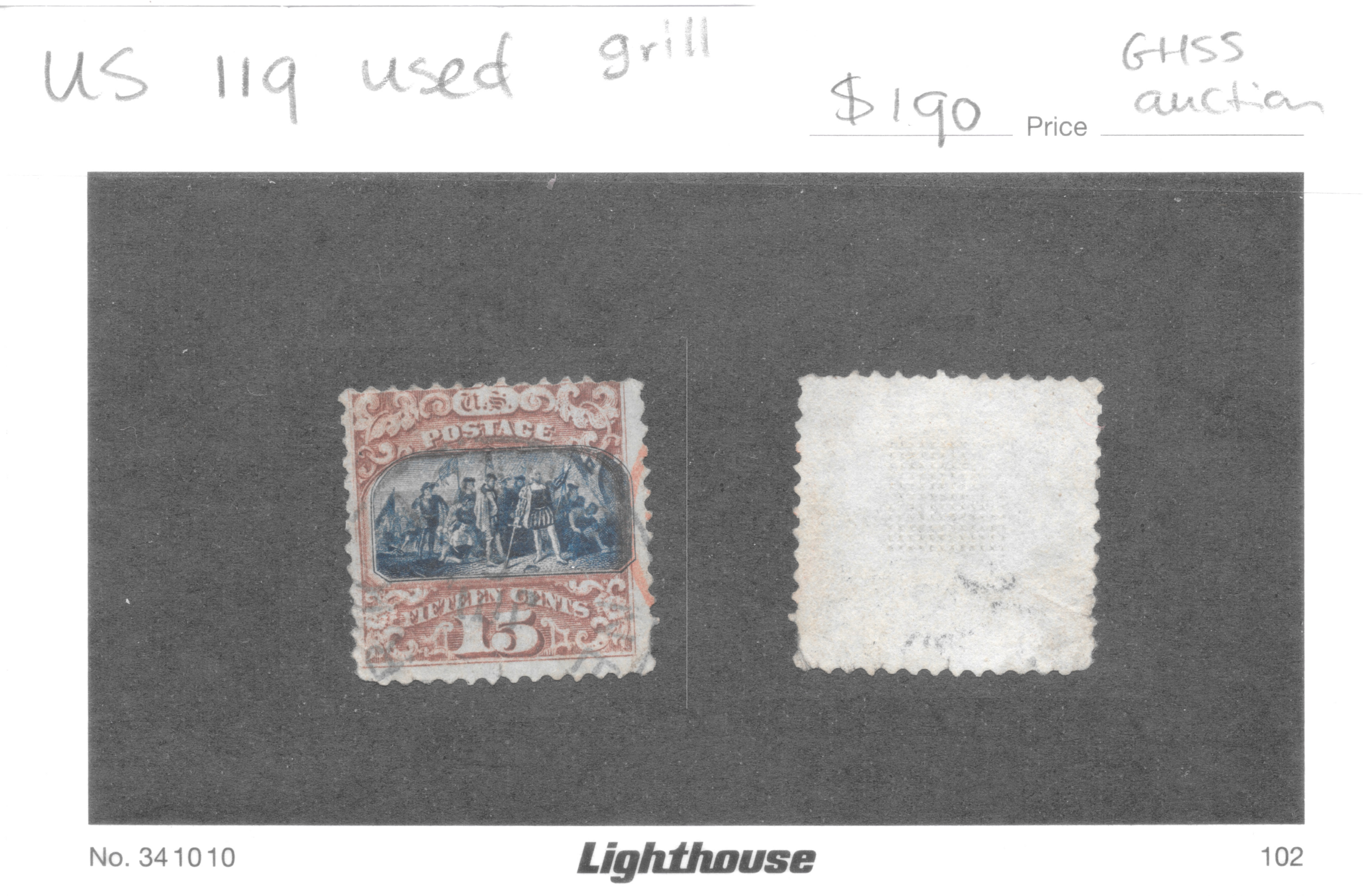 United States Scott 119, 1869 fifteen-cent brown and blue Landing of Columbus Type II with G grill and strongly shifted bicolor frame