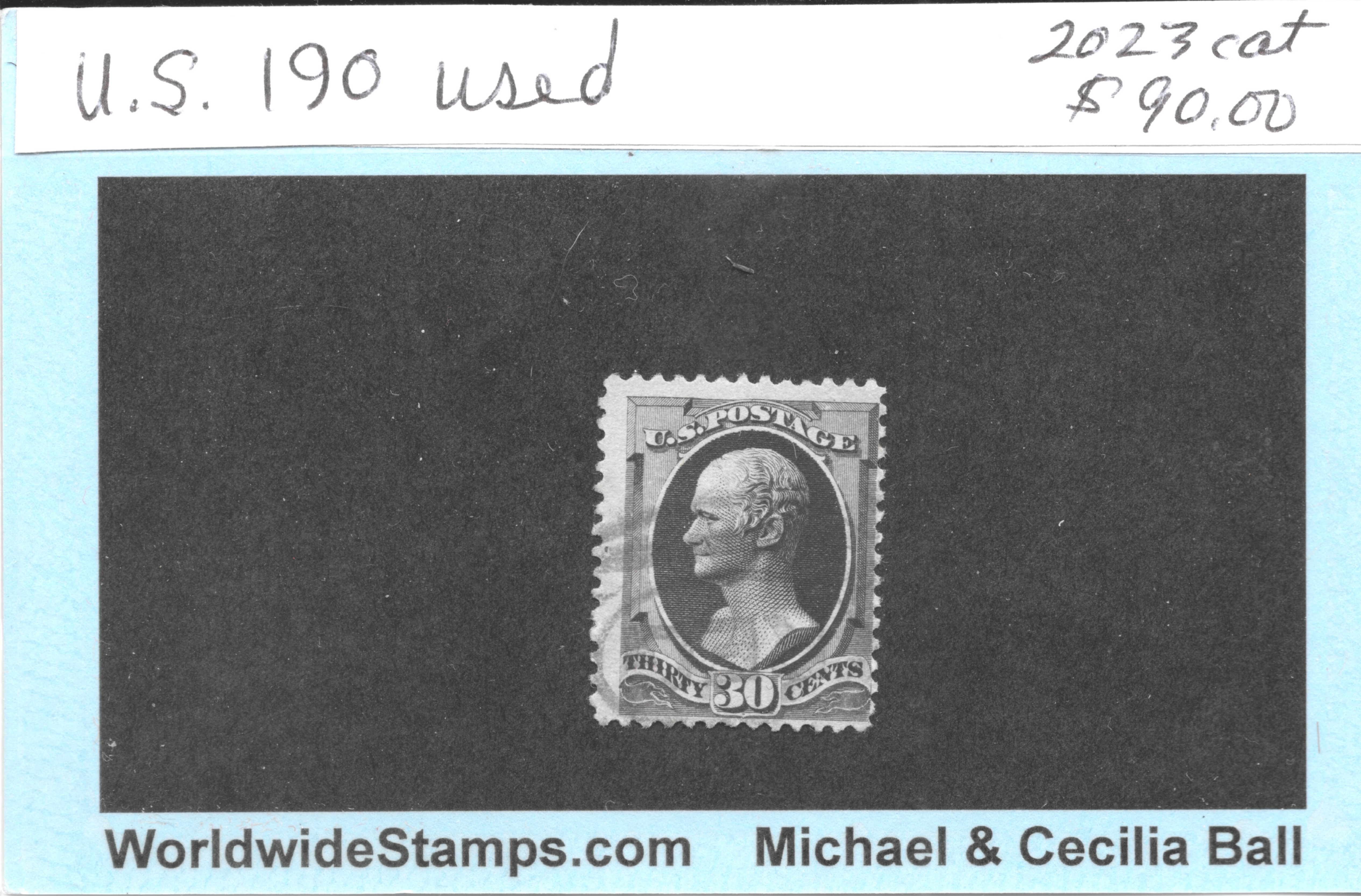 United States Scott 190, 1879 thirty-cent full black Hamilton, used — auction card, face only