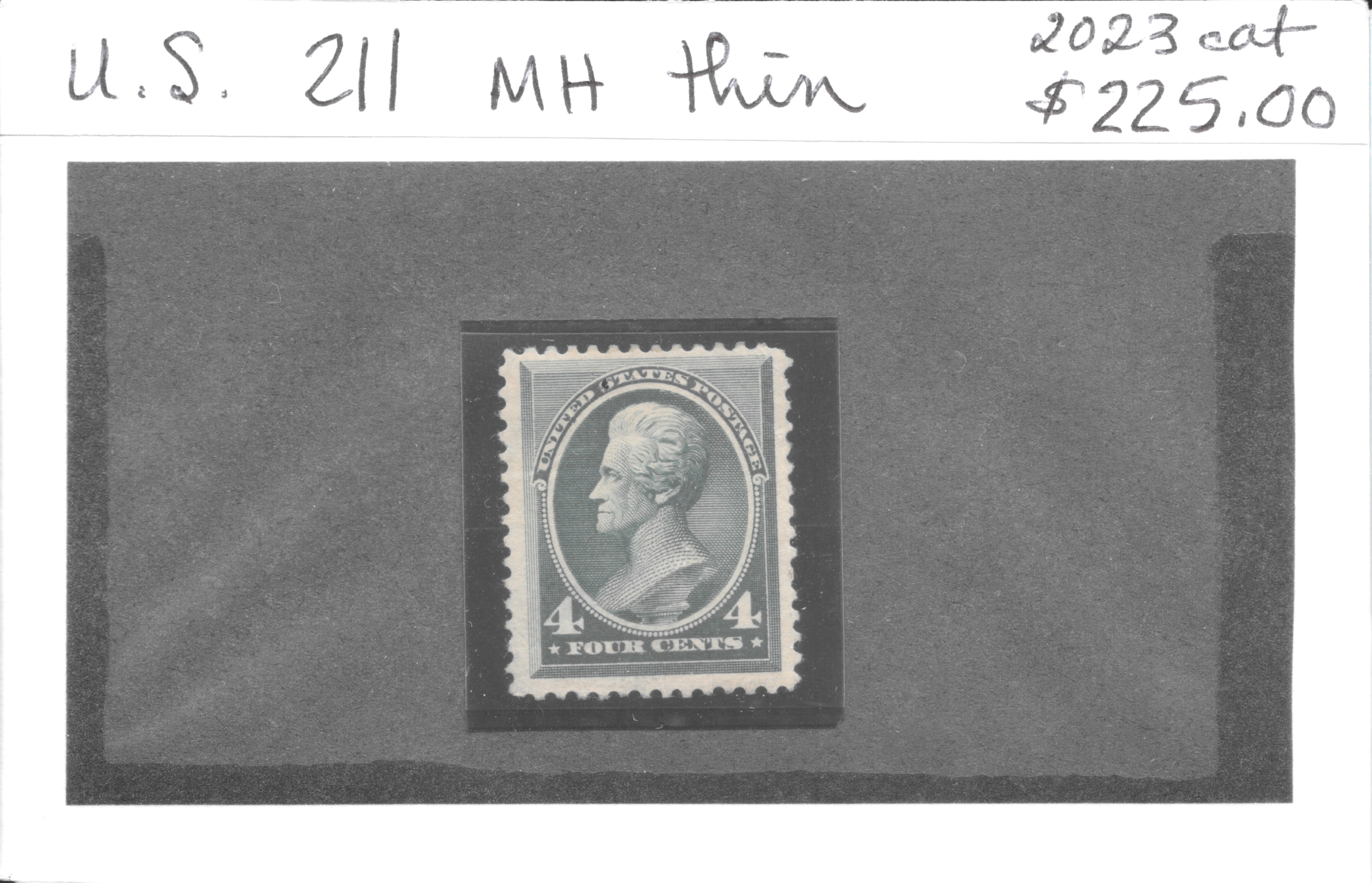 United States Scott 211, 1883 four-cent blue green Jackson, mint hinged — auction card, face only