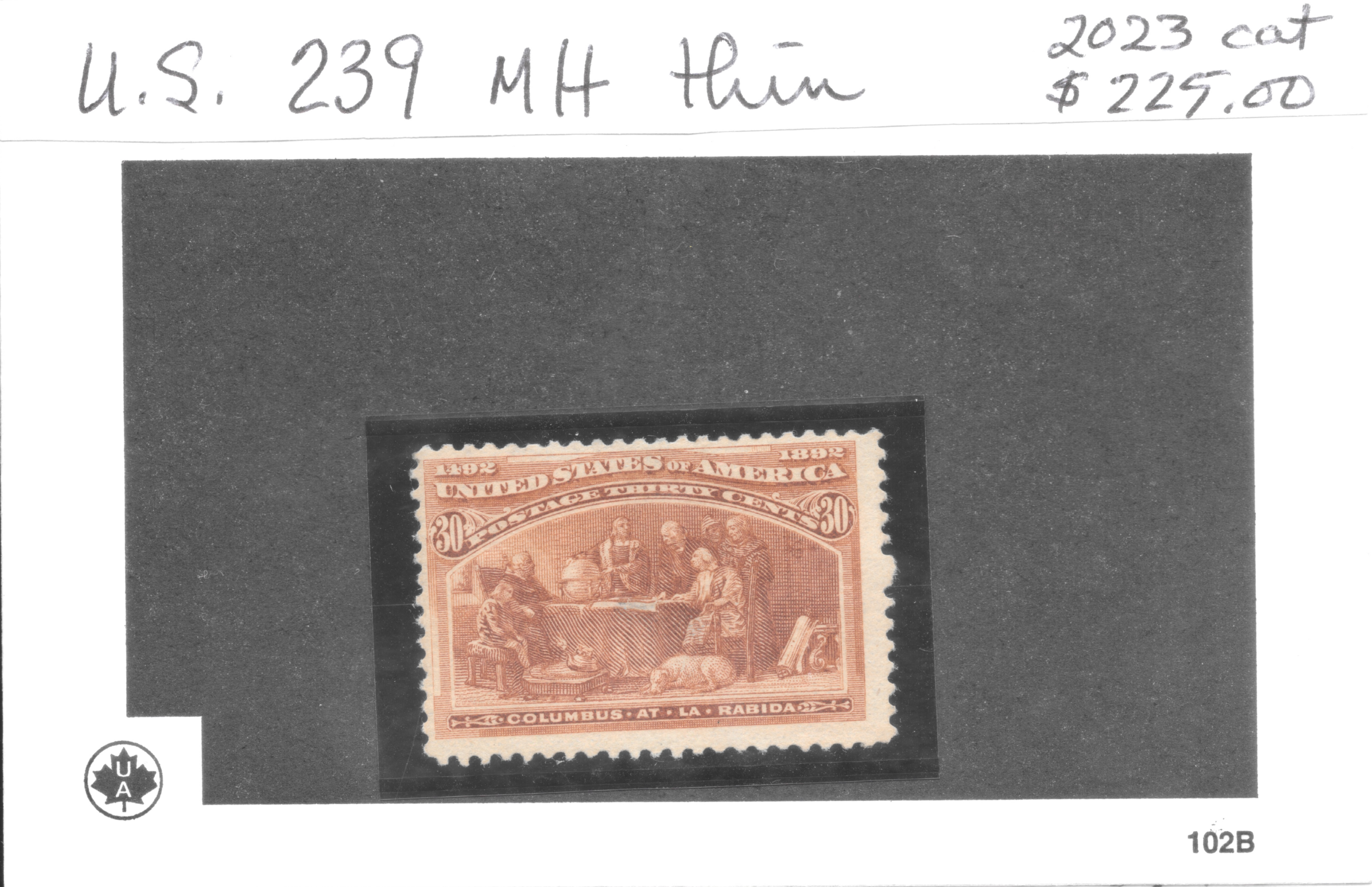United States Scott 239, 1893 thirty-cent Columbian Columbus at La Rabida, mint hinged — auction card, face only