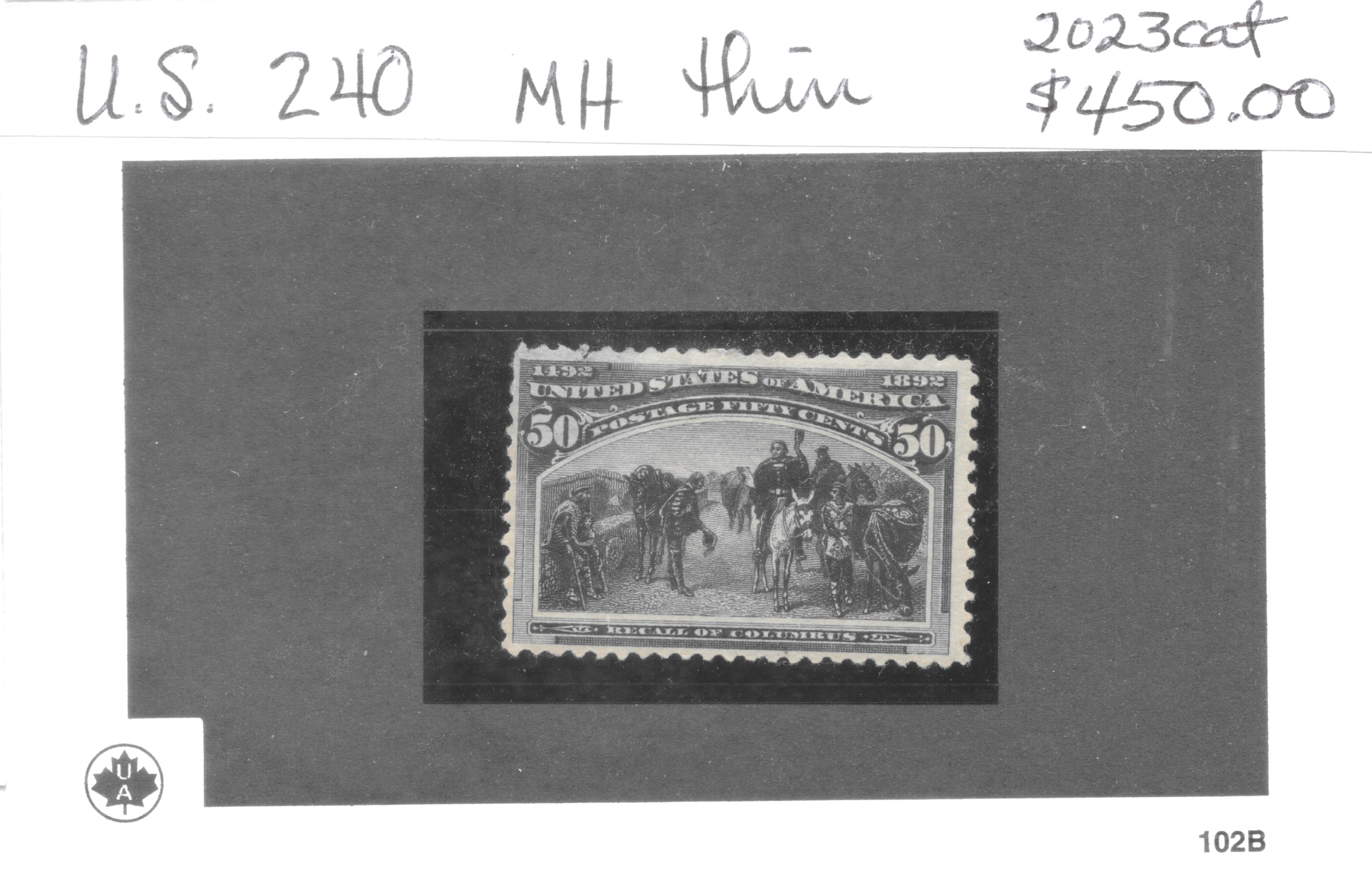 United States Scott 240, 1893 fifty-cent Columbian Recall of Columbus, mint hinged — auction card, face only