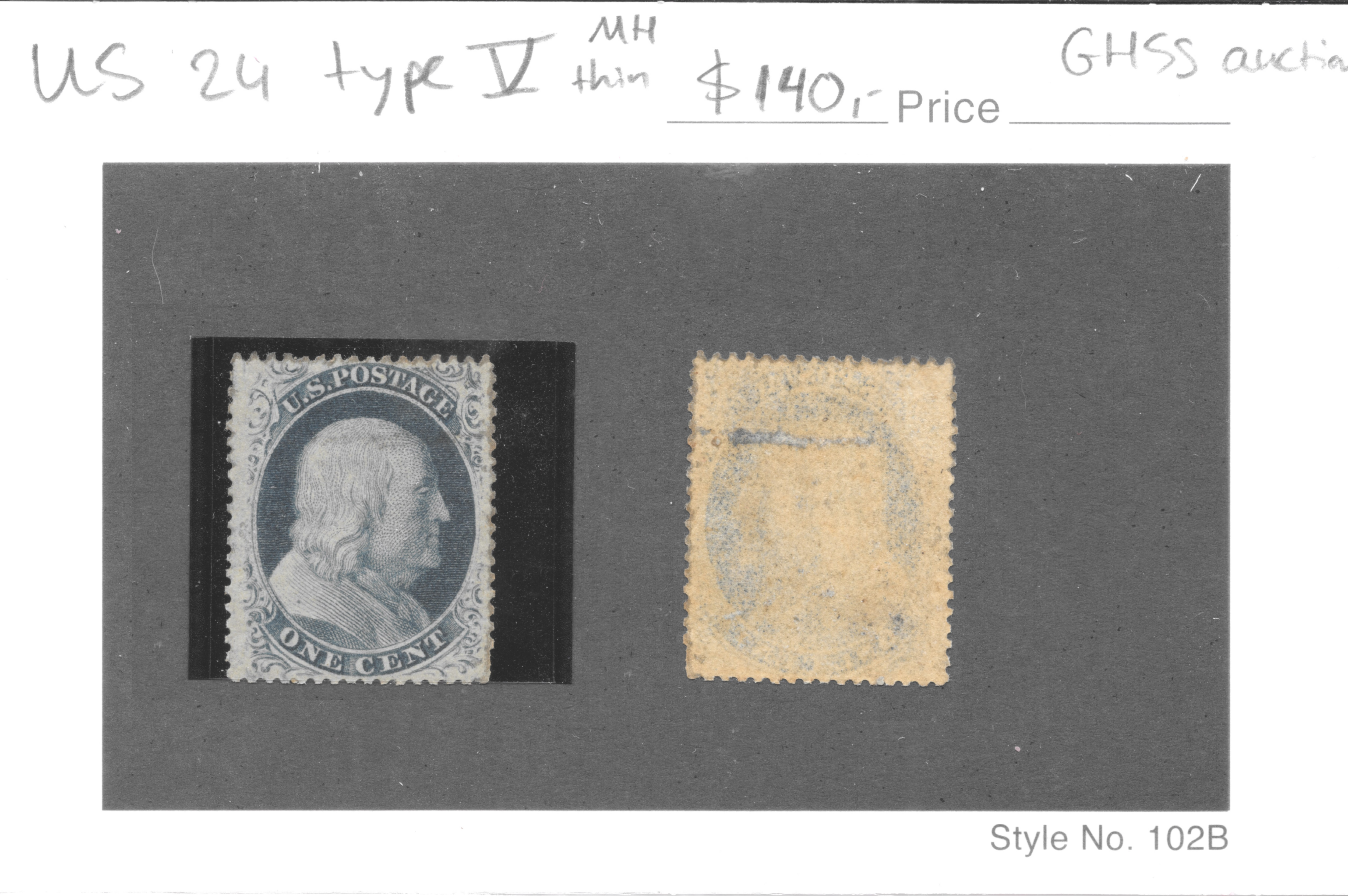 United States Scott 24, 1857 one-cent blue Franklin Type V, mint hinged — auction card with face and reverse