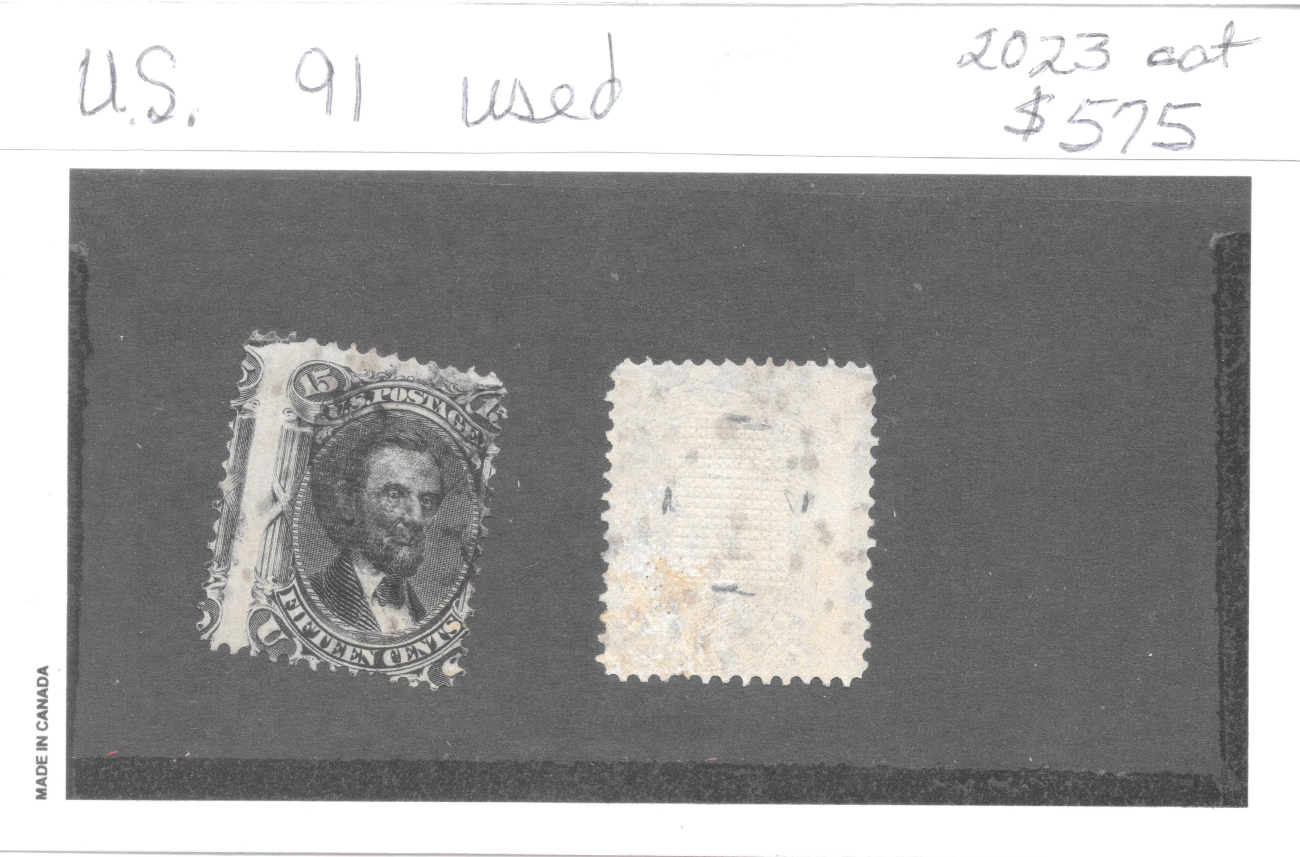 United States Scott 91, 1868 fifteen-cent black Lincoln with E grill — auction card with face and reverse